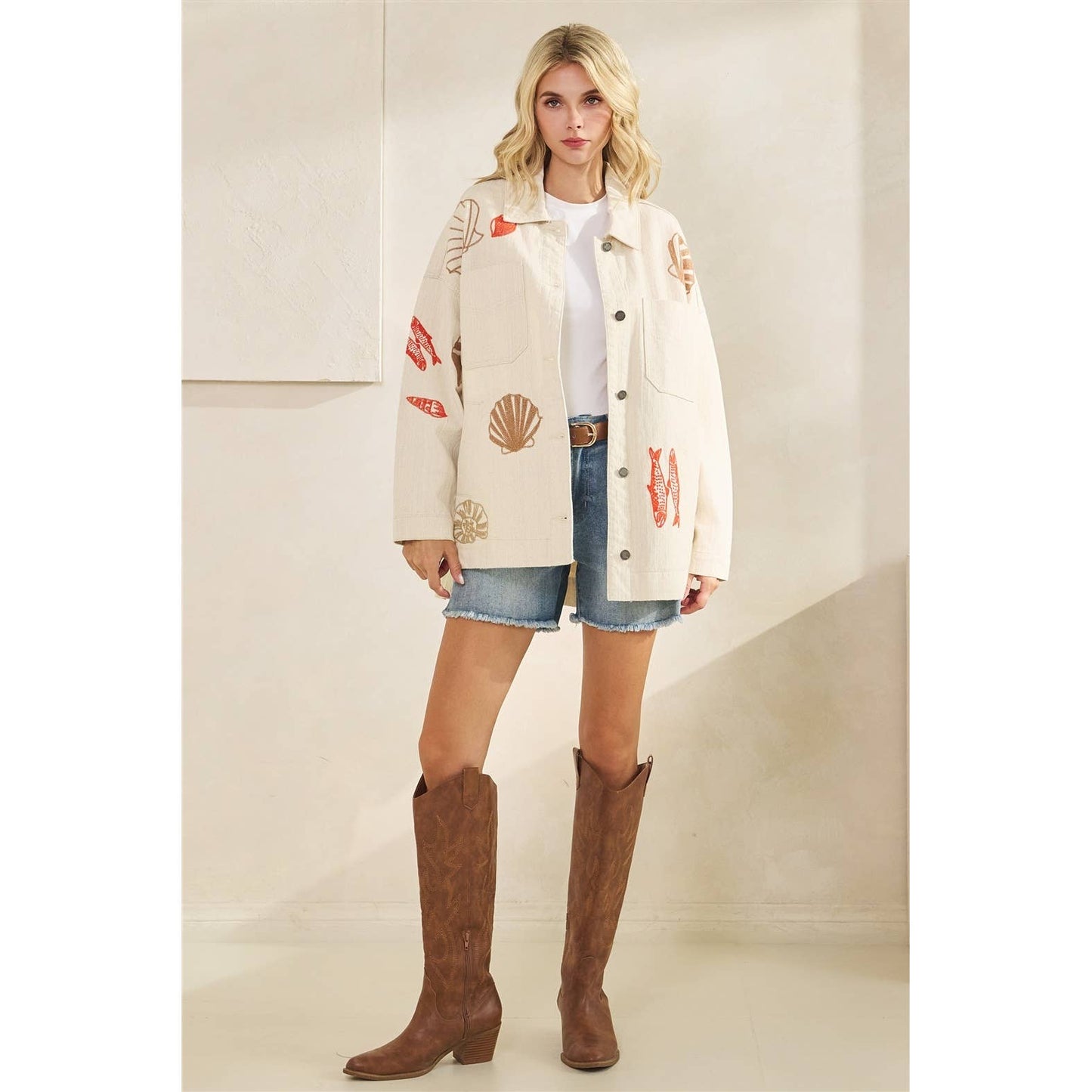 The Coastal Catch Oversized Cream Denim Jacket β Embroidered Shells, Fish & Lobster Back | Salty Chic