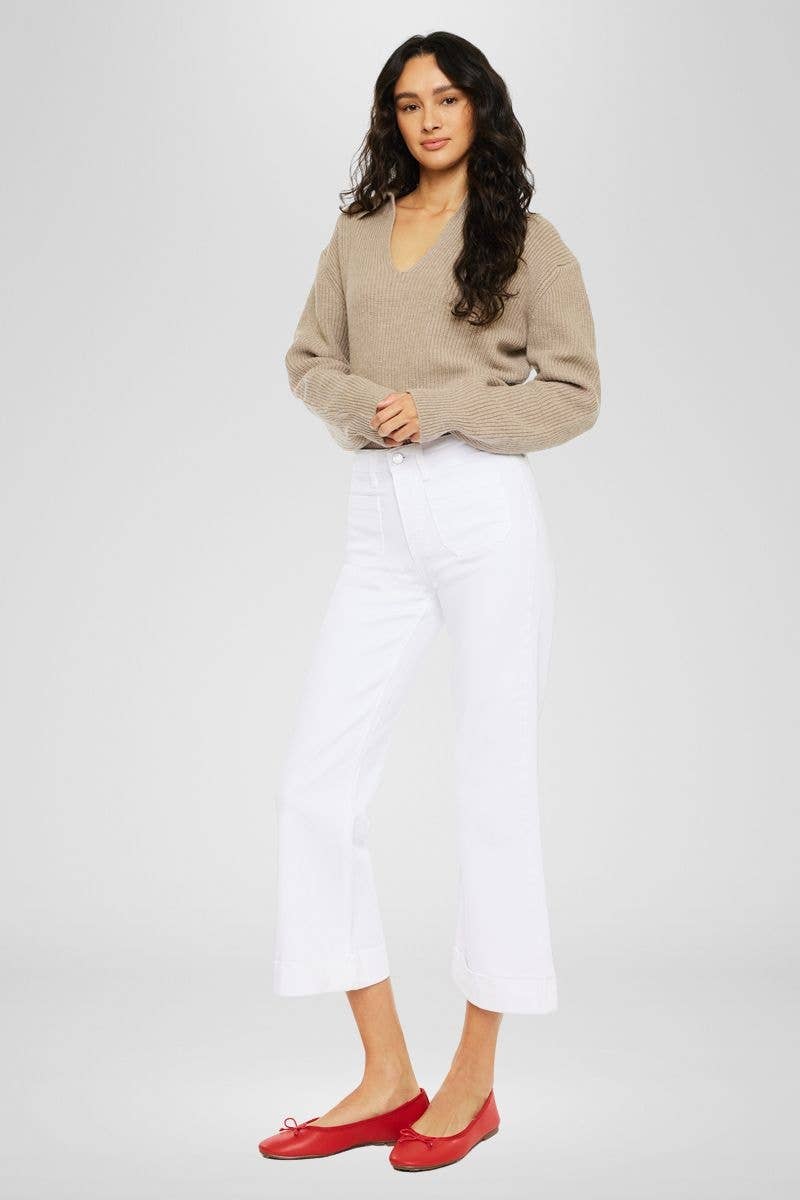 White high-rise Shoreline Wide Leg Jean with relaxed cropped flare and clean fold hem