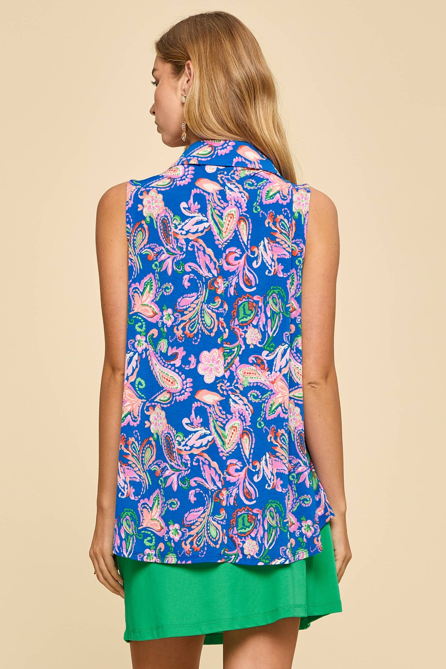 Coastal Escape Tank sleeveless collared button top in bold cobalt paisley print with coral, pink, green, and lavender accents