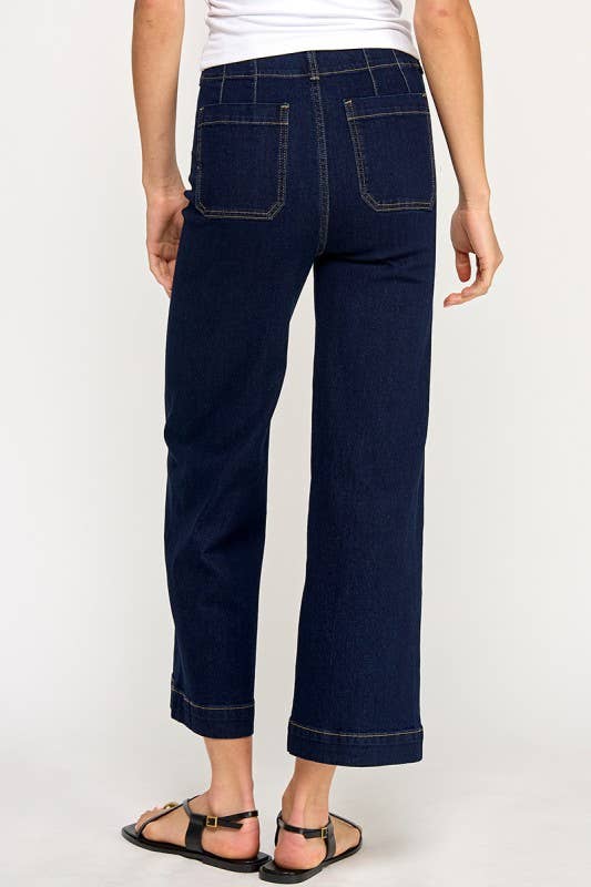Model wearing deep water high waist cropped wide-leg jeans in stretch denim