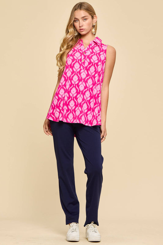 Polished sleeveless tank top with sleeveless collar and gold button placket in vibrant fuchsia ikat print