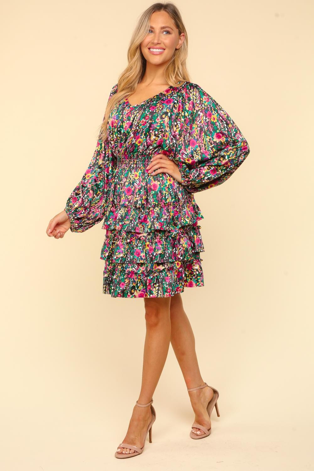 V-Neck Satin Floral Layered Dress