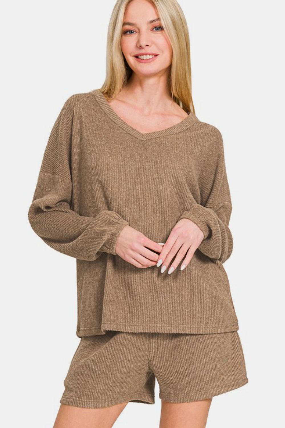 V-Neck Long Sleeve Ribbed Top