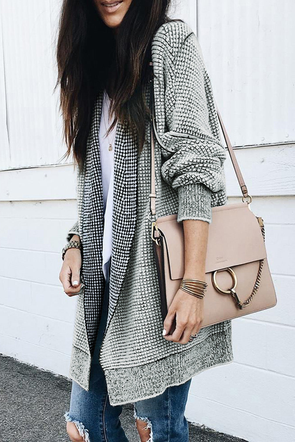 Apricot Plaid Casual Open Front Long Knit Cardigan