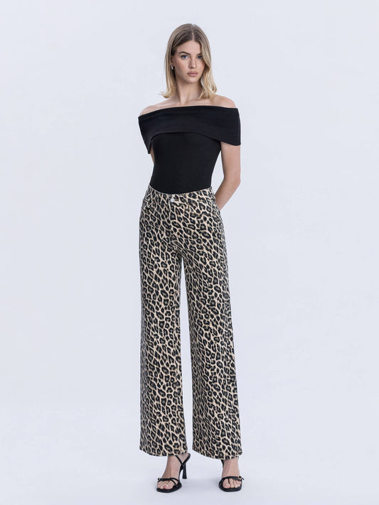 VEVRET HIGH RISE LEOPARD PRINT WIDE LEG JEANS
