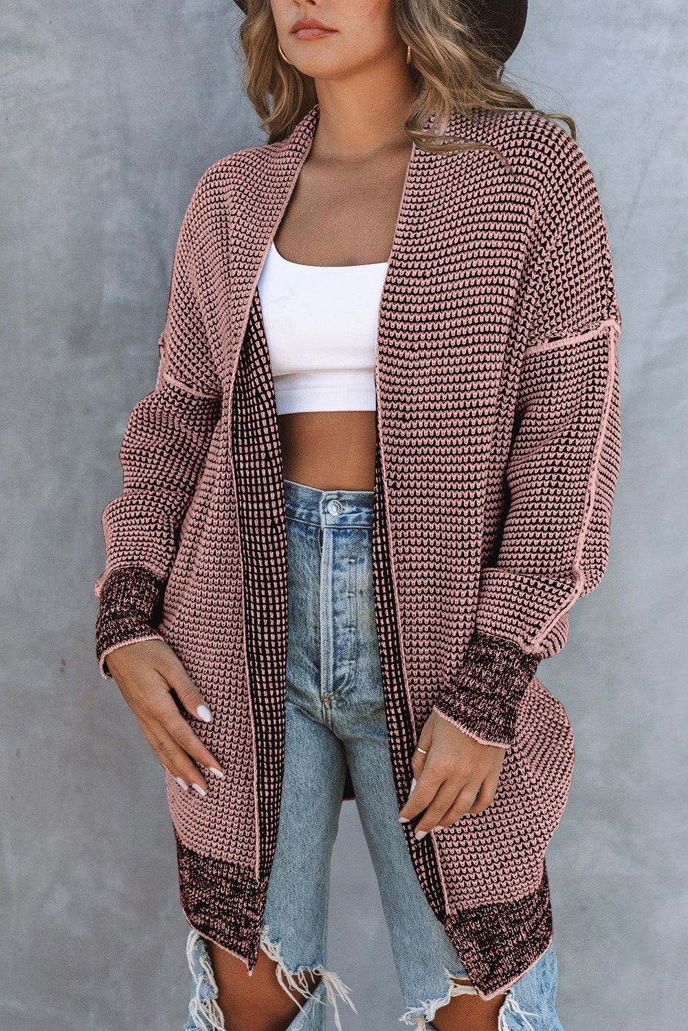 Apricot Plaid Casual Open Front Long Knit Cardigan