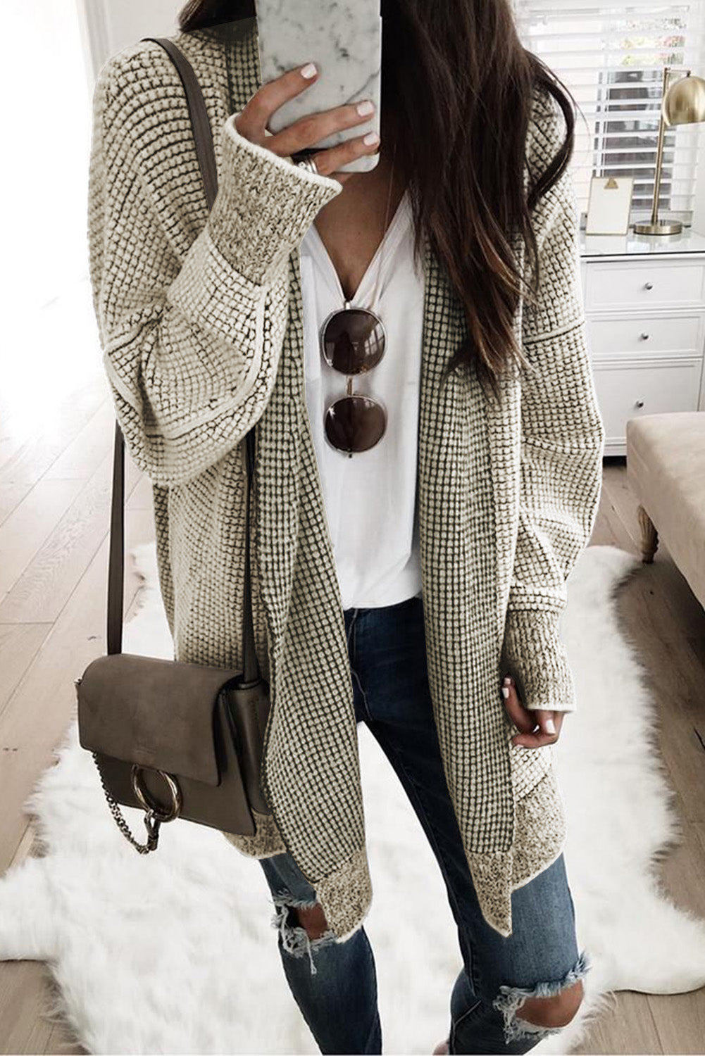 Apricot Plaid Casual Open Front Long Knit Cardigan