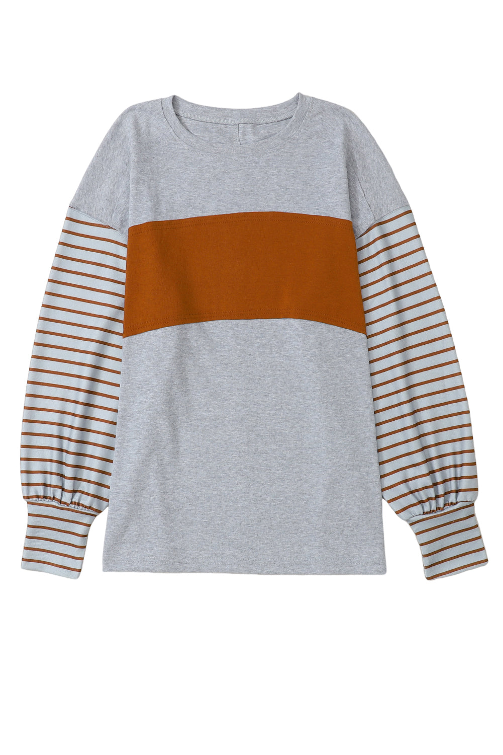 Gray Colorblock Striped Bishop Sleeve Side Slits Top