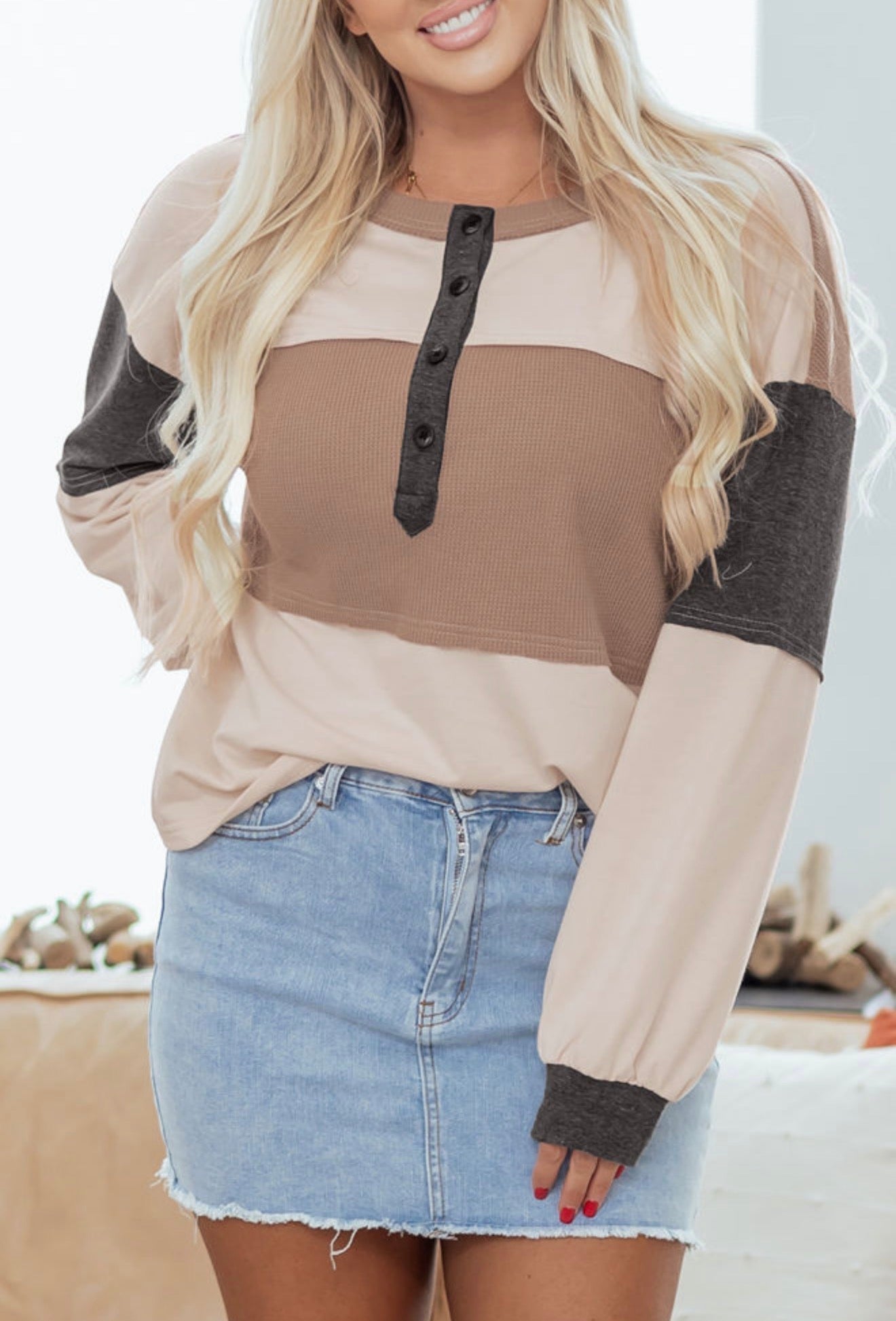 Colorblock Waffle Knit Henley Top RTS