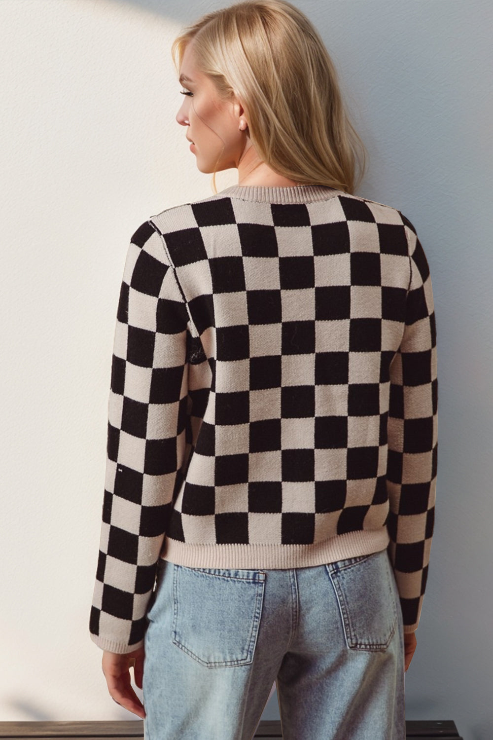 Full Size Checkered Tie Front Long Sleeve Cardigan