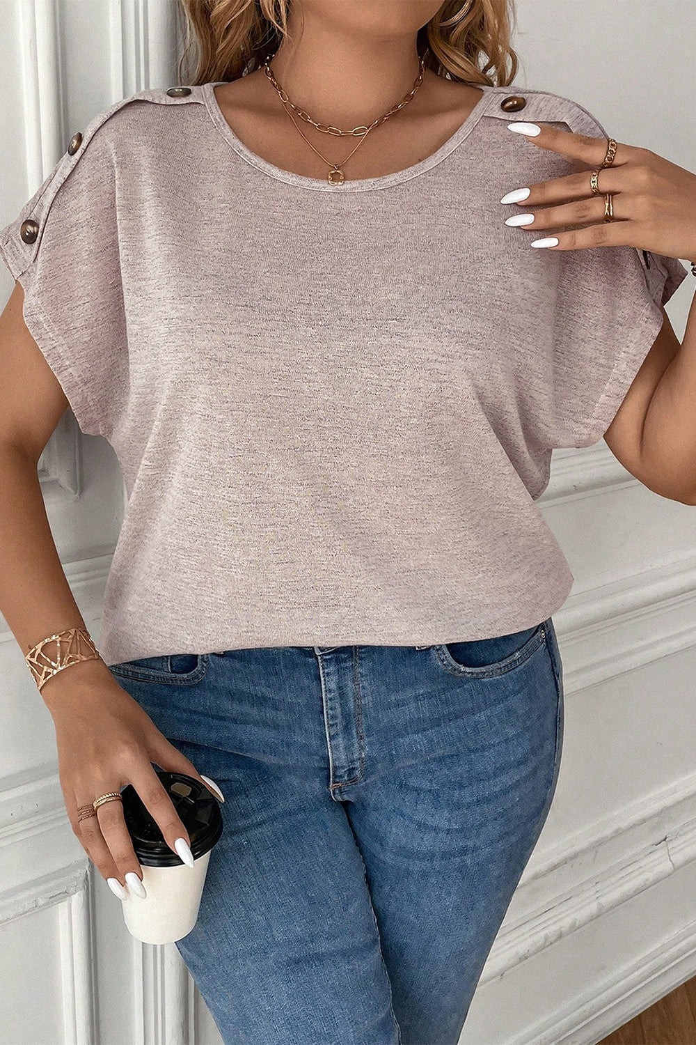 Plus Size Decorative Button Round Neck Short Sleeve