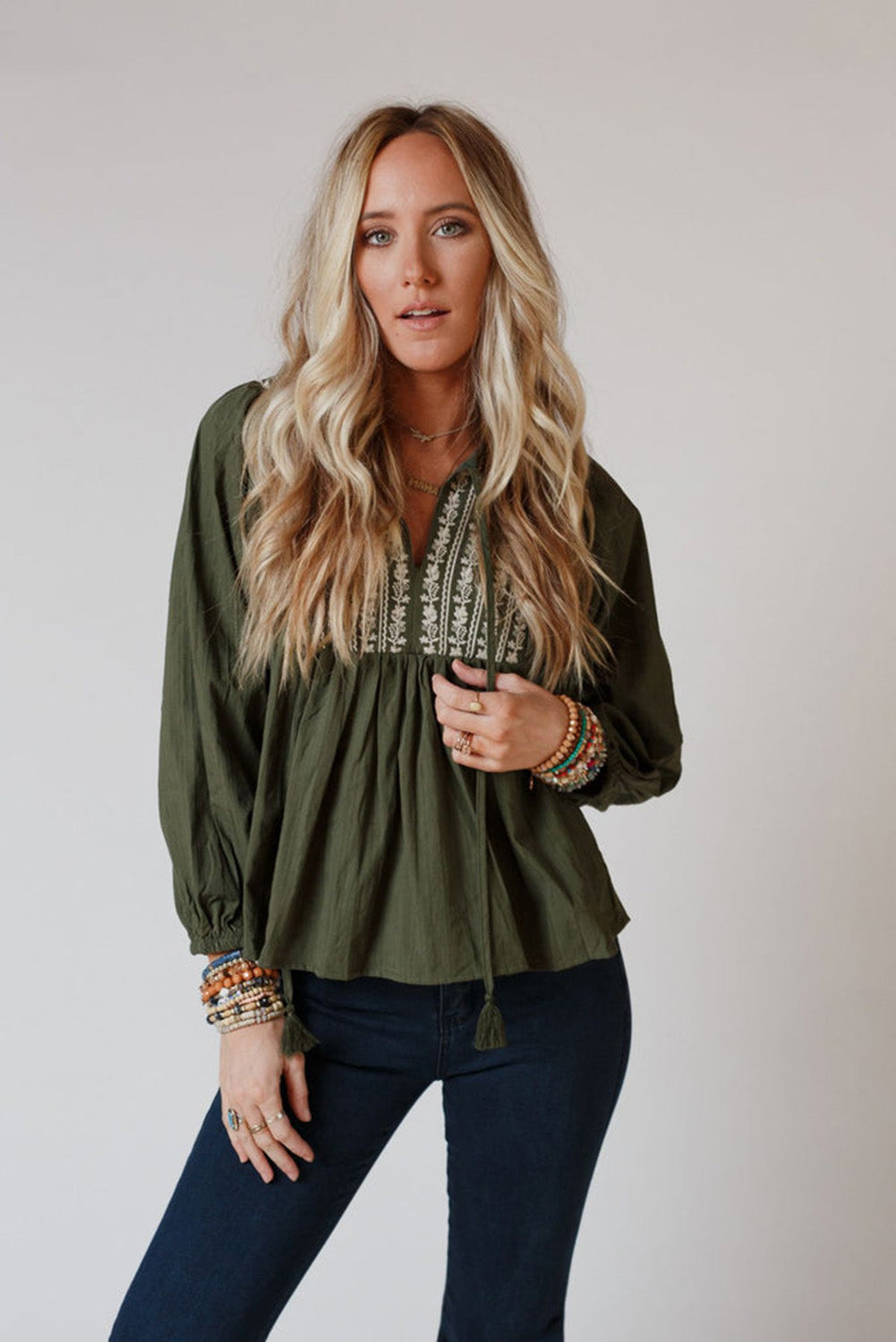 Green Embroidered Split Neck Pleated Loose Blouse