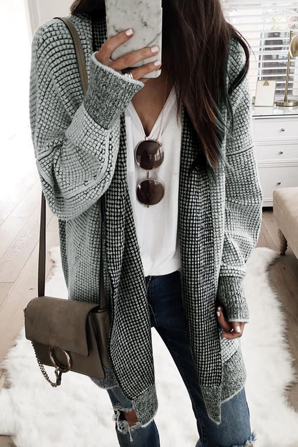 Apricot Plaid Casual Open Front Long Knit Cardigan