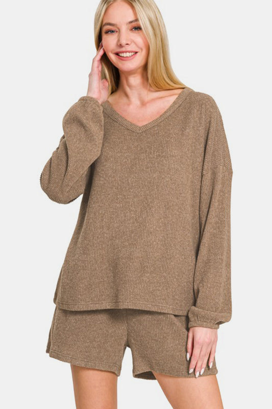 V-Neck Long Sleeve Ribbed Top