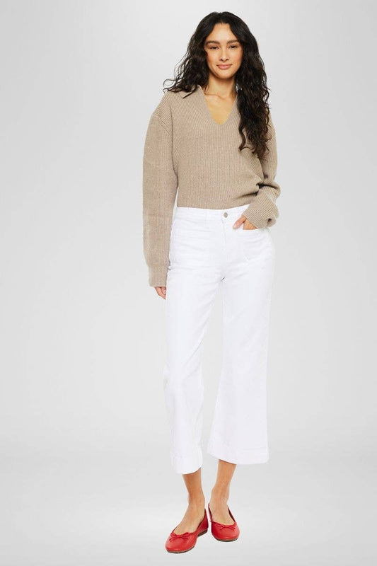 White denim Shoreline Wide Leg Jean with high-rise waist, relaxed cropped flare, and clean single fold hem