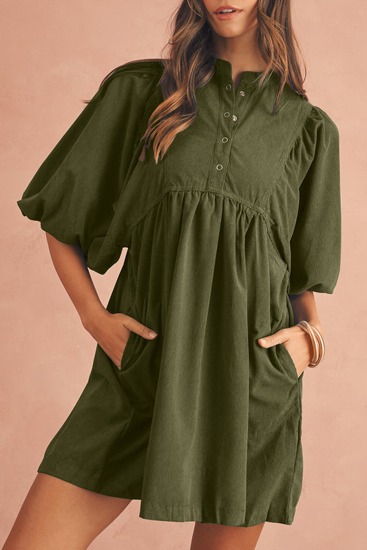 Vineyard Green Snap Button Empire Waist Lantern Sleeve Corduroy Dress